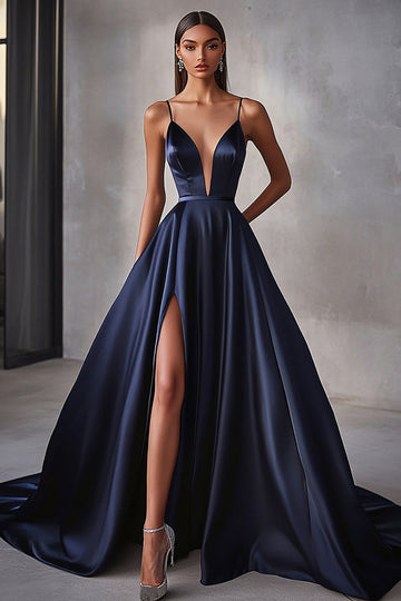 Navy Satin A Line Spaghetti Straps Long Prom Dress with Slit